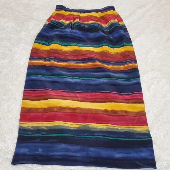 VTG Chaus Y2K Navy Blue Red Watercolor Stripe Silk Print Office Wrap Skirt 10 - Picture 4 of 7